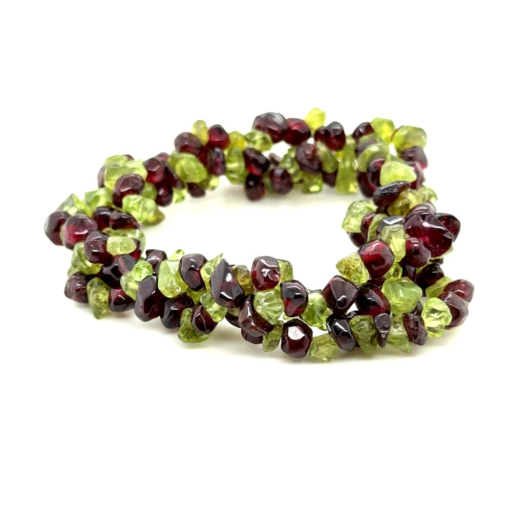 Natural Garnet and Peridot Gemstone Chip Stretch Bracelet Green Burgundy Multi